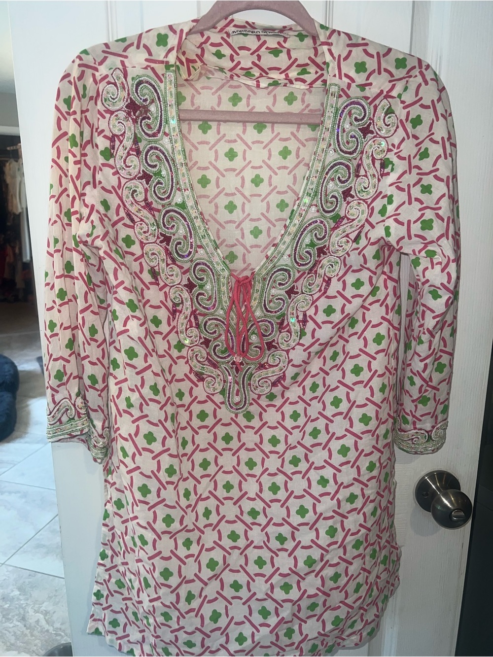 Embellished Pink & Green V-Neck Tunic Top or beach coverup